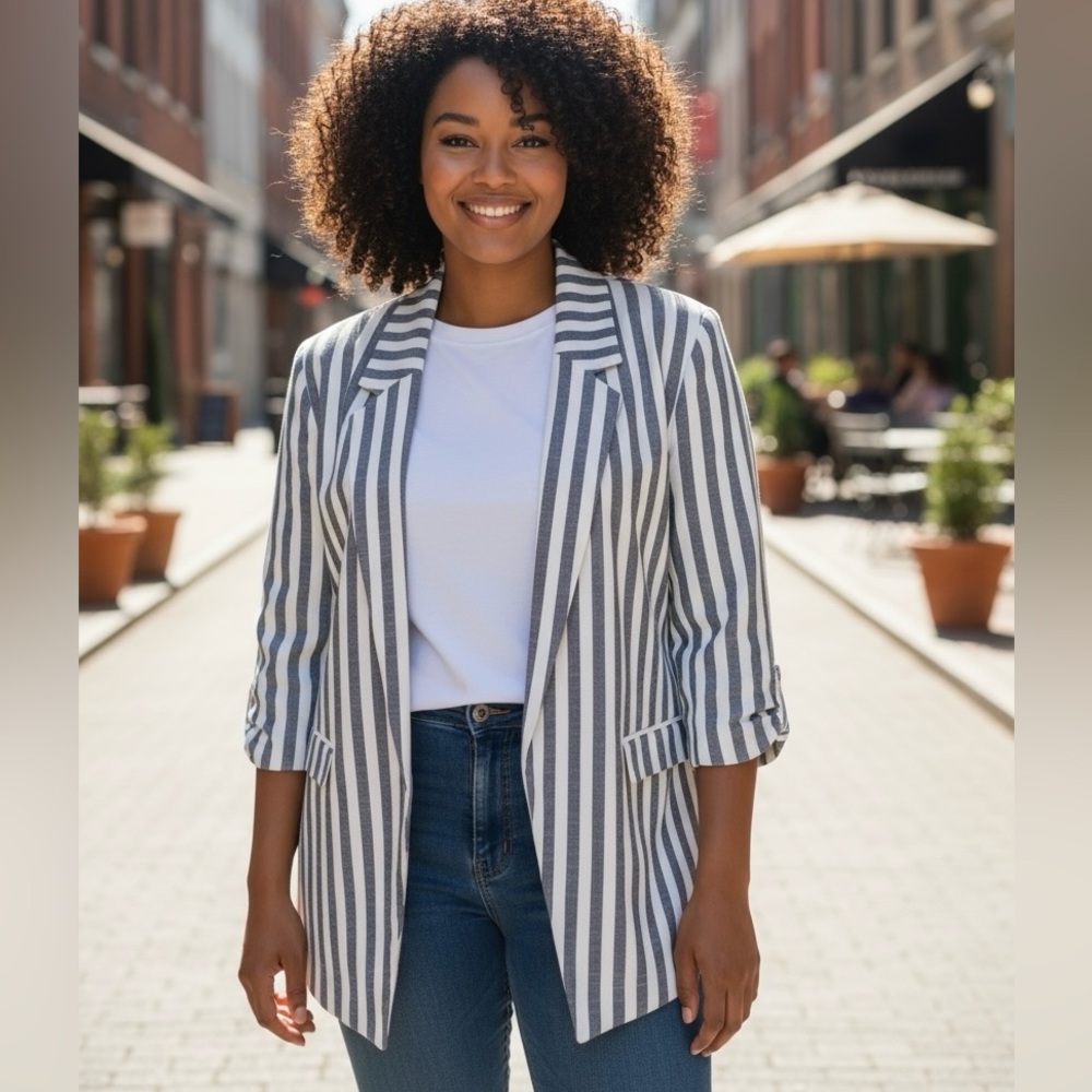 New York & Company 7th Avenue Blazer Gray White Stripe Lined Jacket Women’s L